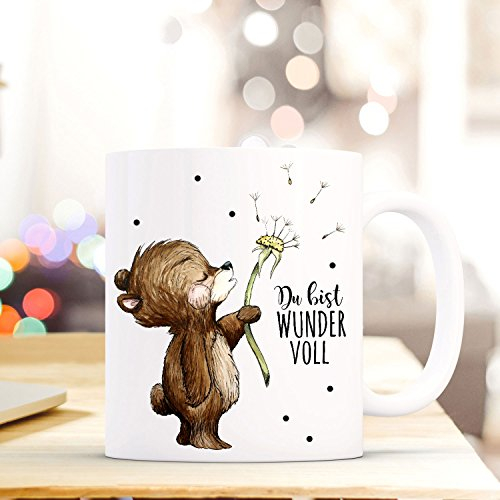 ilka parey wandtattoo-welt Tasse Becher Bär & Pusteblume Geschenk Kaffeebecher mit Spruch Motto Zitat Du bist Wundervoll ts567