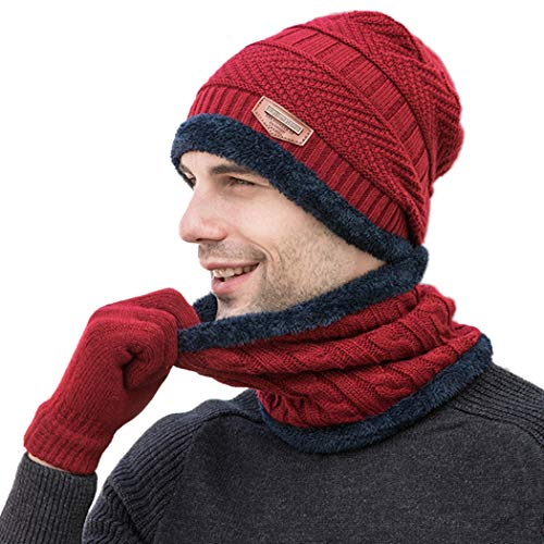 Gisdanchz Mütze Herren Winter Jogging Slouch Beanie Haube Damen Hut Dünne Hipster Knitted Hat Loop Dicker Fleece Skifahren Winterschal Neck Warmer Mütze Schal Handschuhe Balaclava Burgund