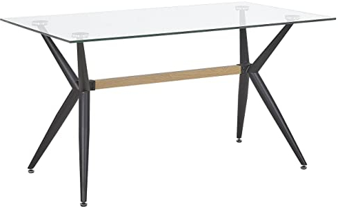 Mesa de comedor transparente 140 x 80 cm tapa de cristal patas de metal negras rectangular escandinava moderna Sacramento
