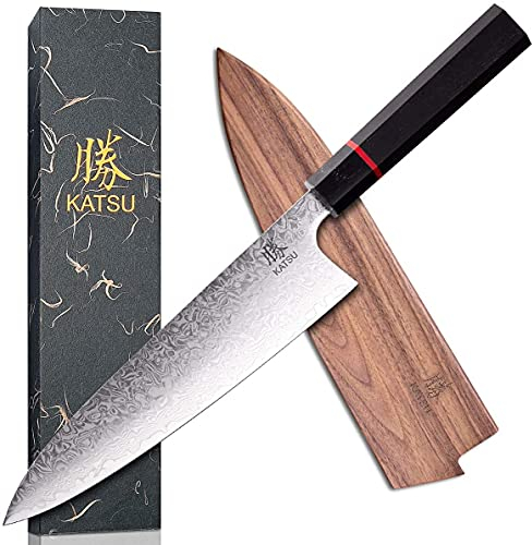 KATSU Kochmesser 20cm Scharfe Küchenmesser, Profi Messer aus Hochwertigem Damaststahl Japanisches Messer, Chefmesser mit Handgefertigter Achteckiger Holzgriff, Geschenk Vatertag für Papa Männer Opa