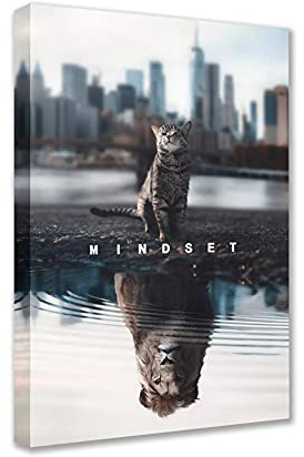 Walarky Mindset is Everything Motivierendes Leinwandbild, inspirierendes Unternehmer-Zitat, Motiv kleine Katze, große Tiger, Gemälde für Wohnzimmer, Schlafzimmer, Büro, gerahmt, fertig zum Aufhängen