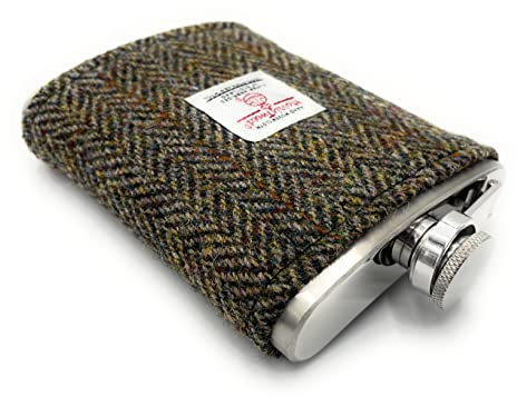 Harris Tweed 8oz Hip Flask Stainless Steel Boxed (Brown Herringbone)