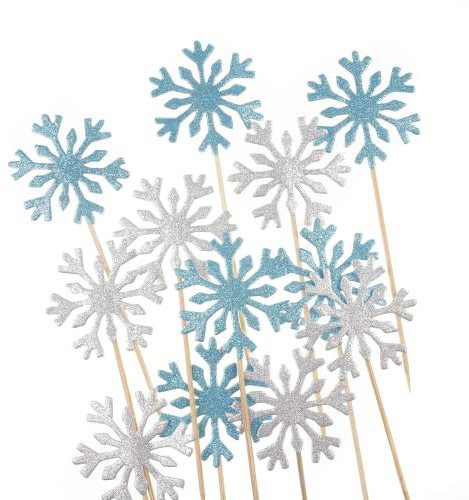 Frozen Cake Toppers Decorations, 20pcs Christmas Cupcake Toppers Snowflake Cake Decorations, Snowflake Cupcake Toppers for Christmas Birthday Wedding Party Blue & Silver