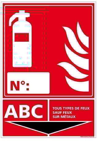 Panneau extincteur pour classe de feu. Panneau spécifique à la sûreté et la sécurité incendie. Panneau PVC Extincteur 0,5 mm, format 105 x 150 mm -