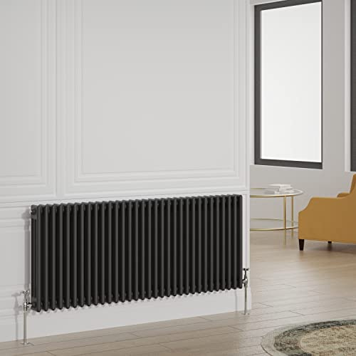 Warmehaus Traditional 3 Column Black Horizontal Radiator 600x1460mm | Victorian Radiator, Radiators Wall Mounted Central Heating, Designer Triple Column Radiator, Bathroom Kitchen Small Radiator