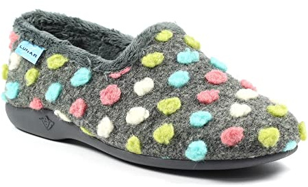 Lunar Ladies' Helix Grey Polka Dot Slippers – Soft Fleece Lining, Slip-On Design, Cushioned Insole, Non-Slip Sole, Cozy Indoor Comfort