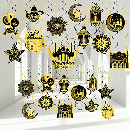 Zonon 30 Stück Ramadan Mubarak Dekorationen, Eid Mubarak hängende Spiralen, glänzend, goldfarben, Stern, Mond, Laterne, Deckenfolie, Dekoration für Eid-Al-fitr-Party, Feiertagsbedarf (Schwarz und