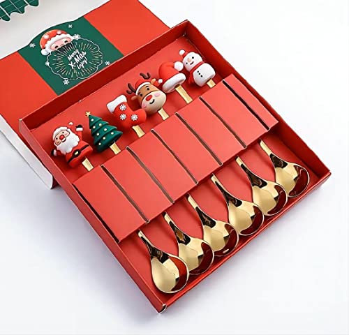 6PCS Christmas Coffee Spoons Fox, Stainless Steel Xmas Fox Spoon Set, Santa Coffee Spoon, Christmas Tree Dessert Tea Spoons with Xmas Hat (#4)