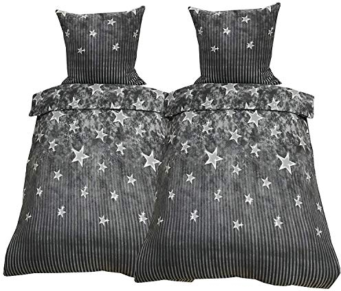 Leonado Vicenti Fleece Bettwäsche 135x200 cm 4 TLG Galaxy Sterne Anthrazit Grau Gestreift Warme Winter Garnitur mit Reißverschluss