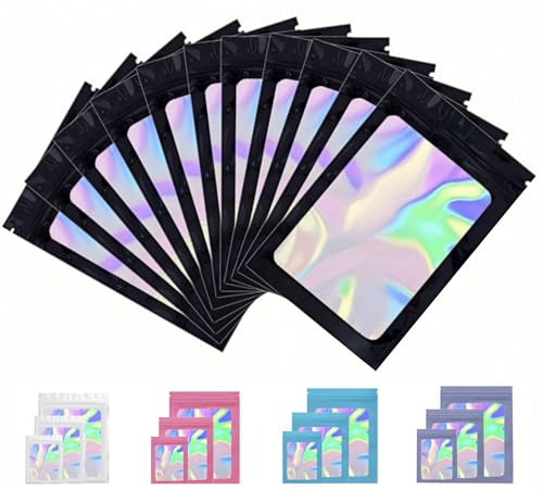 Rimiko 100pcs Ziplock Holographic Bags,Resealable Mylar Bags(Black,12x20cm) | Sample Bags with Clear Window,Sweet Bags,Heat-Sealable Holographic Foil Pouches for Gifts,Jewellery,Food Storage,Packaging