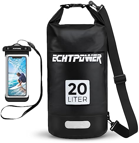 ECHTPower Borsa Impermeabile 5L/10L/20L, Dry Bag Sacco Impermeabile con Tracolla Regolabile, con Custodia Impermeabile, Marsupio 100% impermeabile per Mare,Barca,kayak,Rafting,Pesca,Campeggi