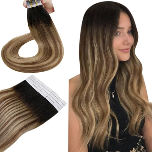 Hetto Echthaar Tape in Extensions Balayage Braun Haarverlängerung Tape Echthaar Seidig Tape in Extensions Echthaar Remy Balayage Braun Karamellblond mit Schwarz #1B/6/27 40cm 50g