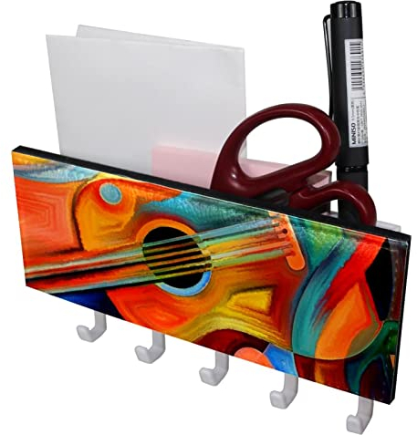 TBOUOBT Schlüsselhalter für Wanddekoration, Mail-Organizer und Schlüsselbrett für Flur, Küche, Bauernhaus-Dekoration,Ölgemälde Gitarre Abstrakte Kunst Musik