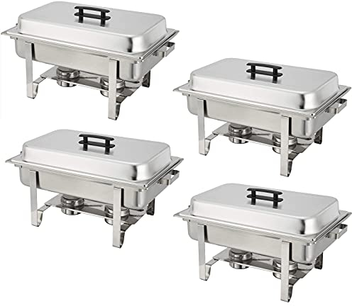 ACiyD 8 Quart Full Size Stainless Steel Chafing Dish and Buffet Warmer Set, Rectangle Chafing Dish with Foldable Frame, Water Pan, Food Pan, Fuel Holder and Lid(4Pack)