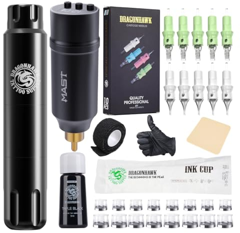 Dragonhawk Tattoo Maschine Set S12 Rotary tätowiermaschine Pen Tattoo Gun 1100mAh Wireless Battery RCA Jack 20pcs tattoo cartridge nadeln Tattoo Tinte komplett Kit für Tattoo Anfänger