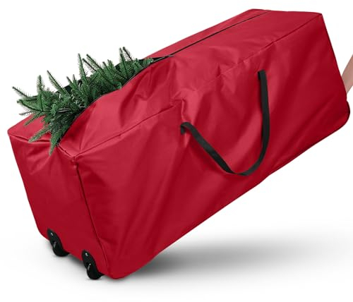 Hommtina Rolling Christmas Tree Storage Bag - Storage for 9-Foot Christmas Tree Storage Bag, Durable Handles and Wheels - Large Christmas Tree Box Heavy Duty Xmas Storage Container (Red)