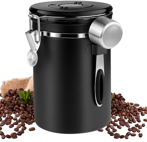 Nizirioo 1,8L Kaffeedose Luftdicht aus Edelstahl Kaffeedosen Kaffeebehälter Aromadicht mit Löffel Kaffeebhnen Behälter Vorratsdose mit Datumsanzeige Kaffeebohnen Aufbewahrung Vorratsdose - Schwarz