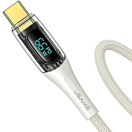 P4Y Câble USB Type-C US-SJ592 avec affichage numérique Vitesse de transfert de données jusqu'à 480 Mbps Courant maximum 6A et puissance 66W Beige Shadow Series 1.2m