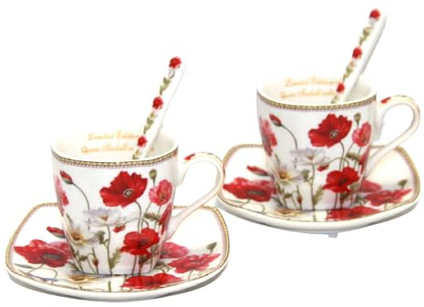 Queen Isabell Kaffeetassen-Set Espresso Porzellanset für Zwei Personen Tassen mit Untertassen und Löffel 80ml, Mohnblumenmuster (Weiß)