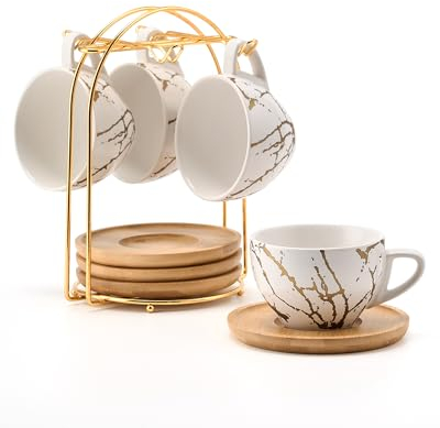 HOME DECOR Ceramic Cappuccino Cups Set of 4, 220ml Stackable Cappuccino Mugs and Saucer with Metal Stand for Coffee Lover, Cappuccino, Latte, Americano and Tea -White Golden