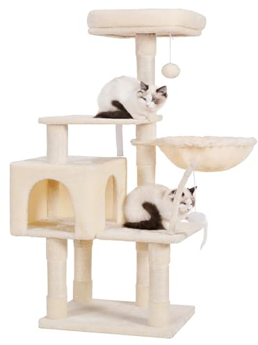 „Hey-brother Katzenbaum, Katzenturm für Wohnungskatzen, 128 cm großes Katzenhaus mit gepolsterter Plüschsitzstange, gemütlicher Hängematte und Sisal-Kratzstämmen, Beige EMPJ004M-N