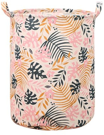 FANSU Foldable Laundry Basket Large Round Waterproof Collapsible Washing Basket with Handles - Dirty Clothes/Toys Storage Basket for Bedroom, Bathroom, University (40x50cm-1pc,Pink Monstera)