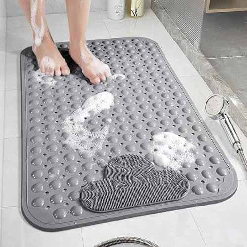 Moulaelos Tapis de douche antidérapant 106 x 66 cm Tapis de bain antidérapant avec ventouses Tapis de douche confortable Massage Tapis de douche antidérapant Lavable en machine Gris