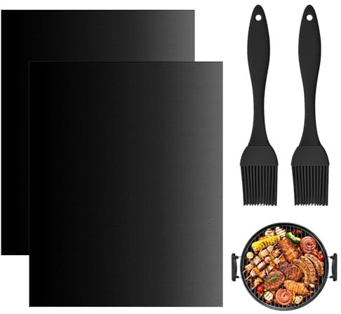 2 Piezas Negro Alfombrilla de Barbacoa Reutilizable Resistente al Calor, Alfombrillas para Barbacoa de Teflón y 2 Cepillos de Silicona, Negro Antiadherente Parrilla Tapete para Utensilios Cocina