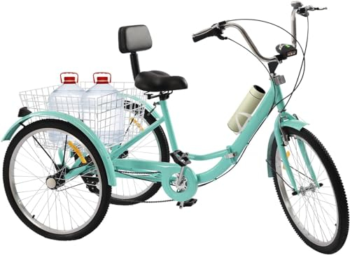 24 Zoll Faltrad Dreirad, 7-Gang 3 Rad Fahrrad mit Korb Rückenlehne und Wasserbecherhalter 3 Räder Fahrrad für Erwachsene und Seniorenrad (Grün)