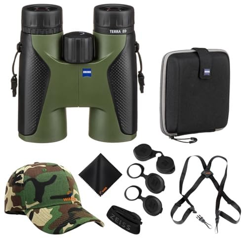 Zeiss 8x42 Terra ED Binoculars for Bird Watching (Green) with Waith Binocular Comfort Carrying Harness Strap, Waith Adjustable Camo Baseball Hat and Waith Microfiber Lens Cleaning Cloth (Bundle Set)