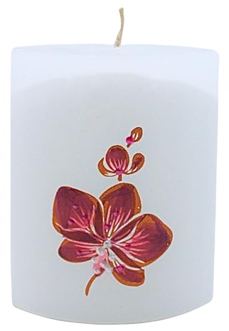 Dekohelden24 Hochwertige Kerze mit Orchidee/Orchideenkerze/Oval/weiß mit lila Blüte/L/B/H: ca. 8 x 3,5 x 9,5 cm.