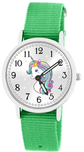 Brecjon Armbanduhr Mädchen Jungen Kinderuhr Einhorn Lernuhr 5ATM wasserdicht Wechselarmband grün 903