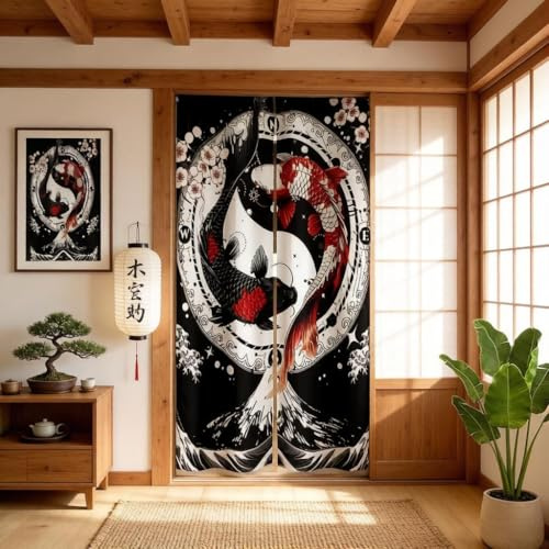 Loussiesd Cortina de puerta estilo japonés Koi, panel de privacidad 1, cortinas interiores, sala de estar, ola japonesa, sombra, espacio, flor de cerezo, decoración del hogar, cortina de puerta, 86 x