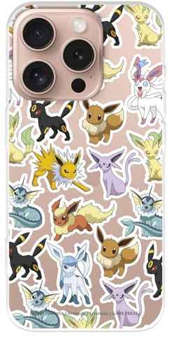 Schutzhülle kompatibel mit iPhone 16 Pro, offizielles Pokémon Eevee Entwicklungen zum Schutz Ihres Handys. Flexible transparente Silikonhülle mit offizieller Pokémon-Lizenz