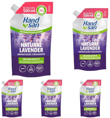Hand san Flüssigseife Natural Lavender im Nachfüllbeutel 500 ml, mit natürlichem Lavendelöl, Händewaschen & Gesichtsreinigung, Rezeptur ohne Mikroplastik, pH-hautneutral, vegan (Packung mit 5)