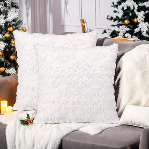 GADITIEK 45x45cm Kissenbezug Weihnachten, 2er Set Weicher Plüsch Weiß Schneeflocken Kopfkissenbezug Kissenhülle, Christmas Decorations Winter Kissenbezug, Weihnachtsdeko Innen (weiße Schneeflocken)