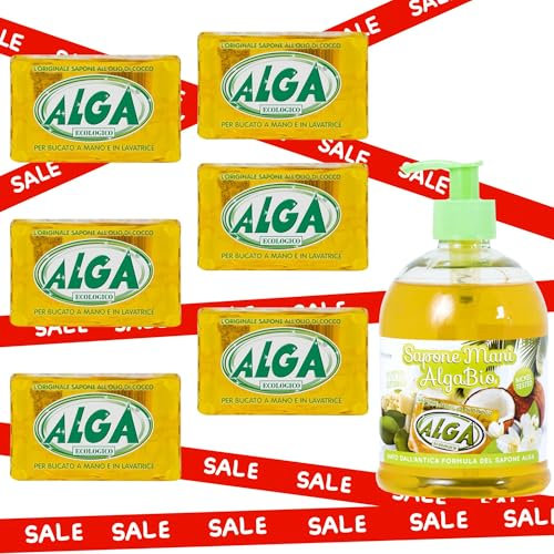 Sapone Alga Bio: 6 Saponette Ecologiche da 400g + 1 Sapone Mani PH Neutro 500ml – Per Bucato a Mano e Lavatrice, mille usi, versatile, alleato nelle pulizie di casa