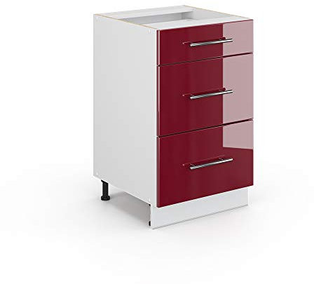 Moderner Küchenunterschrank, 50 cm, Hochglanz-Weiß, Bordeaux-Finish, keine Arbeitsplatte im Lieferumfang enthalten