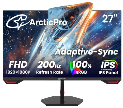 ArcticPro Monitor da gioco 27 pollici, 180 Hz, IPS, FHD 1080p, tempo di risposta 1 ms, sincronizzazione adattiva, monitor del computer del PC, senza cornice, ultra sottile, 130% sRGB, filtro