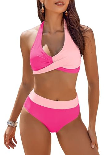 AI'MAGE Femme Maillots de Bain Deux Pièces Col V Ensembles Deux pièces de Tie-Dye Chic Taille Haute Bikini Set Élégant, Rose 2, S