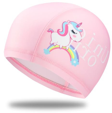 LQIOACU Cuffia Piscina Bambino Unicorno, Cuffia Piscina Donna in Poliestere Impermeabile per Capelli Lunghi e Corti, Cuffia Piscina Bambina da 4 a 10 Anni, Unicorno arcobaleno, 1 pezzo