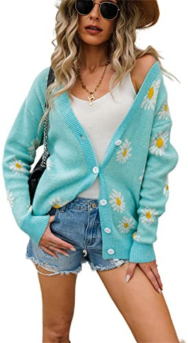 HEYPORK Damen Herbst Winter Warm Bequem Jacke Casual Mode übergangsjacke Mantel Frauen Strickjacke Pullover Strickjacke Bedruckt Gänseblümchen Pullover(D Grün, L)