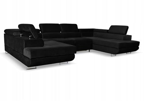 Family Meble Ecksofa, Modell Bosso Big, Schlaffunktion, Freistehendes, Ausklappbares, Behälter für Bettwäsche, Strapazierfähiges Material, Schmutzabweisend, für Wohnzimmer, Schlafzimmer, Schwarz