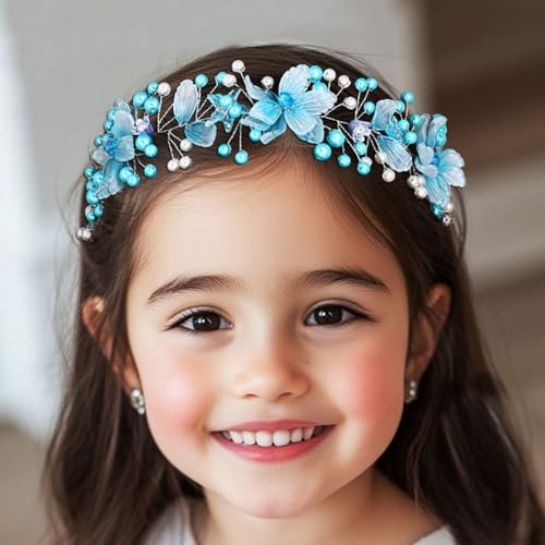 IYOU Blumen Mädchen Stirnband Blau Blume Perle Kopfschmuck Brautjungfer Hochzeit Haarschmuck für Mädchen