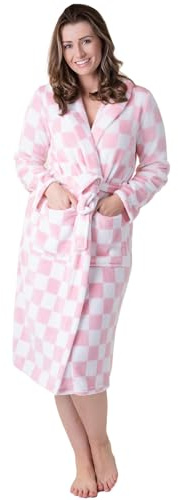 Camille Women's Supersoft Fleece Hooded Dressing Gown - Pink Check 18-20