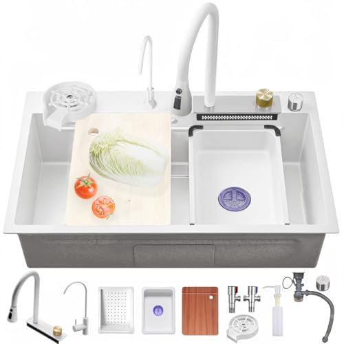 Ribanedy fregadero cascada multifuncional 68 x 45 cm, blanco, fregadero cocina 1 seno inoxidable con grifo rociador abatible, lavavasos y set de accesorios