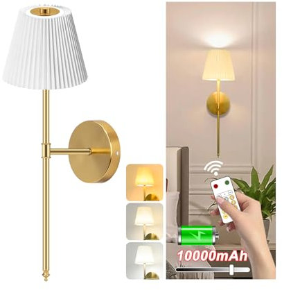 TRIJZHOU Battery Operated Wall Lights, 10000mAh Large Battery Operated, 3 Color Temperatures Dimmable, Wireless Wall Lights Wall Lamp for Bedroom Living Room, 1-Pack, Gold