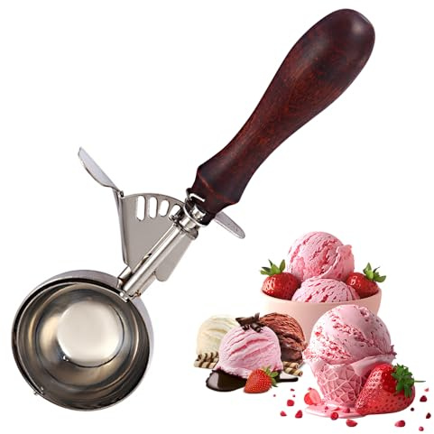 Eisportionierer 22,5 x 5 cm, Eislöffel Portionierer mit Ergonomischem Holzgriff & Auswurf, Eiskugelportionierer Für Eiscremekugel Backen Melonenkugel Rutschfest