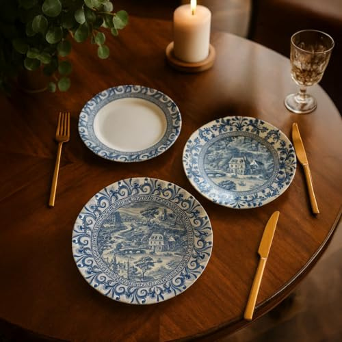 Servizio in porcellana vintage inglese 24 pezzi – Design blu antico – Kütahya Premium – Lavabile in lavastoviglie e imballo infrangibile – Kitchen Life