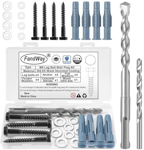 FandWay Universal VESA Schrauben Set und Dübeln,M8x70mm Sechskantschrauben Schwarz TV Halterungsschrauben Edelstahl 304,mit Unterlegscheibe 2 Bits für Jedem Monitor Wandhalterungen Schränken usw.